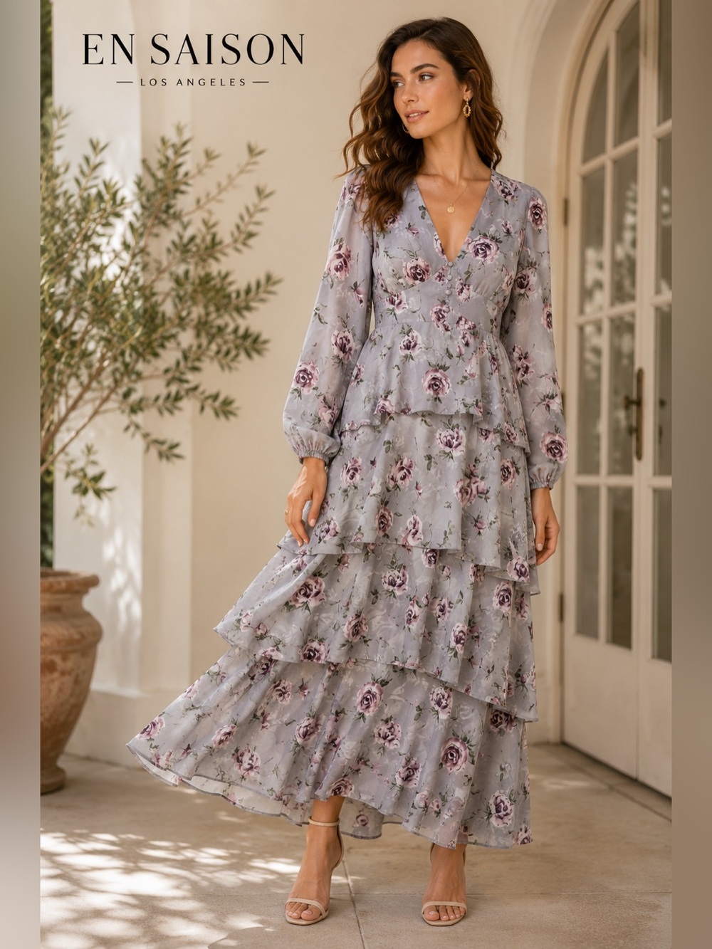 En Saison Gray Floral Tiered Maxi Dress Small NWT Wedding Modest Romantic